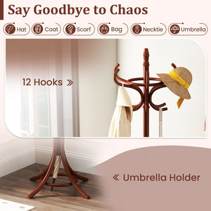 Wood Standing Hat Coat Rack with Umbrella Stand-Brown view 5
