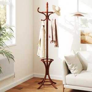 Wood Standing Hat Coat Rack with Umbrella Stand-Brown view 6