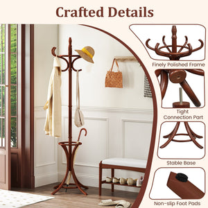 Wood Standing Hat Coat Rack with Umbrella Stand-Brown view 7