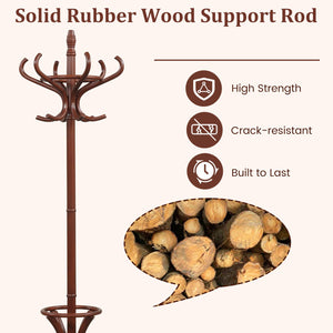 Wood Standing Hat Coat Rack with Umbrella Stand-Brown view 8