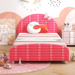 Wood Upholstered Twin Bed Platform with Slat Support-Pink view 3