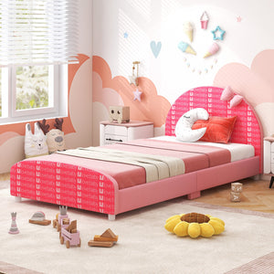 Wood Upholstered Twin Bed Platform with Slat Support-Pink view 6