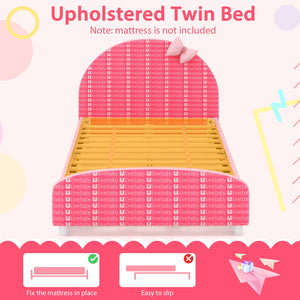 Wood Upholstered Twin Bed Platform with Slat Support-Pink view 7