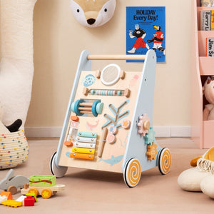 Wooden Baby Walker Push and Pull Learning Activity Center with Wheels-Blue view 2