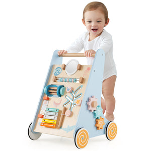 Wooden Baby Walker Push and Pull Learning Activity Center with Wheels-Blue view 4