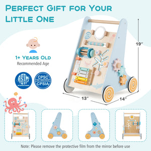 Wooden Baby Walker Push and Pull Learning Activity Center with Wheels-Blue view 5