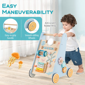 Wooden Baby Walker Push and Pull Learning Activity Center with Wheels-Blue view 8