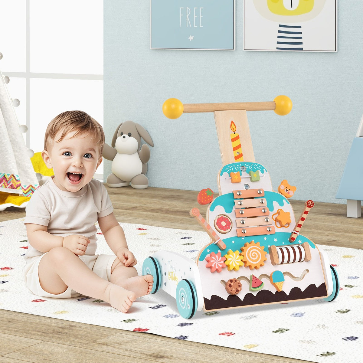 Wooden Baby Walker with Adjustable Heights and Smooth Wheels-White view 2