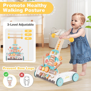 Wooden Baby Walker with Adjustable Heights and Smooth Wheels-White view 6