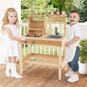 Wooden Barbecue Grill Playset with Play Food and Open Shelves-Natural view 2