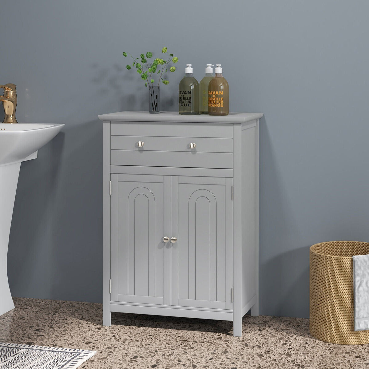 Wooden Bathroom Floor Cabinet with Drawer and Adjustable Shelf-Gray view 2