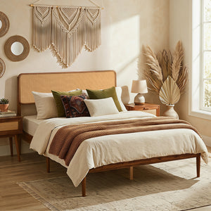 Wooden Boho Rattan Brown Bed Frame with Wooden Slat Support-Full view 6