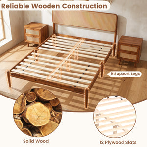 Wooden Boho Rattan Brown Bed Frame with Wooden Slat Support-Full view 8