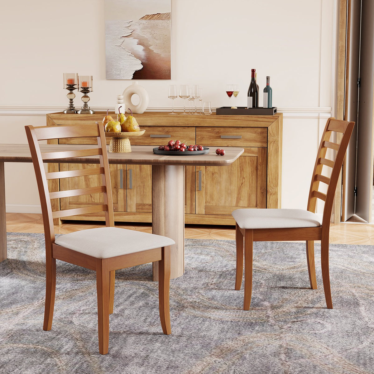Wooden Dining Chair Set of 2 Modern Upholstered Kitchen Chair-Beige view 2