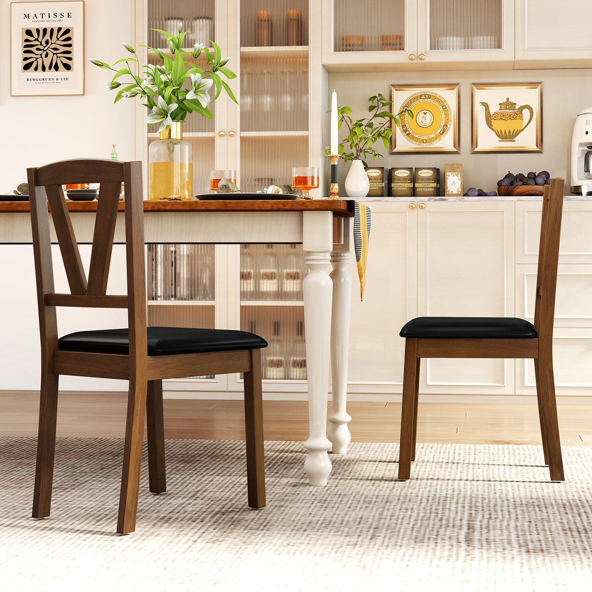 Wooden Dining Chair Set of 2 with PU Leather Upholstered and Rubber Wood Frame-Brown view 2