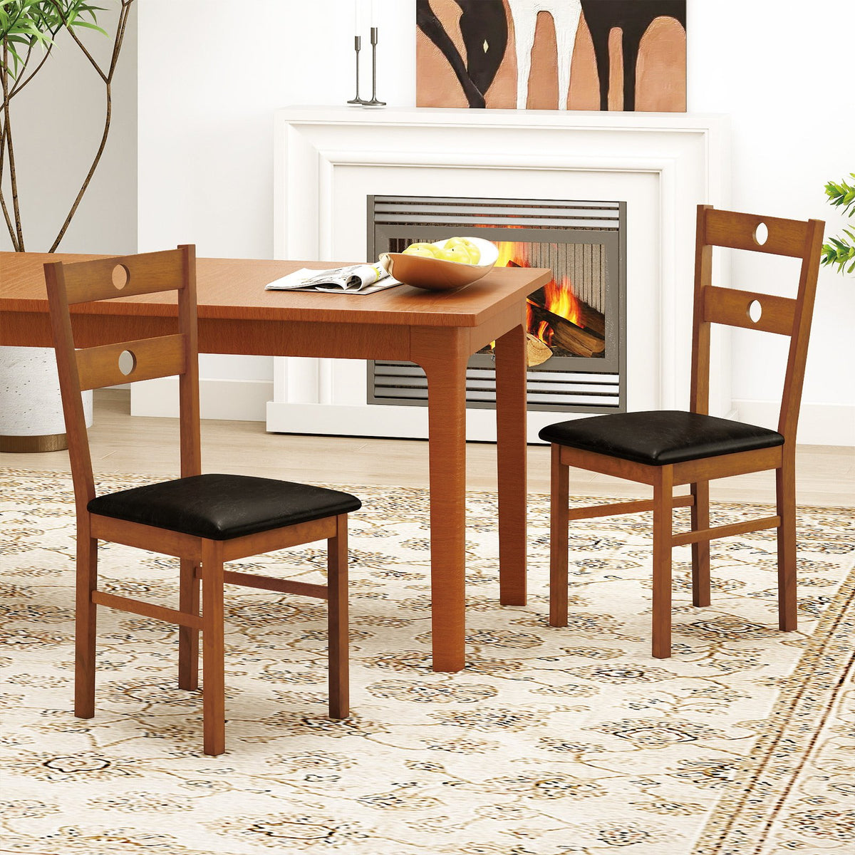Wooden Dining Chairs Set of 2 Armless Kitchen Chairs with Hollowed Backrest-brown view 2