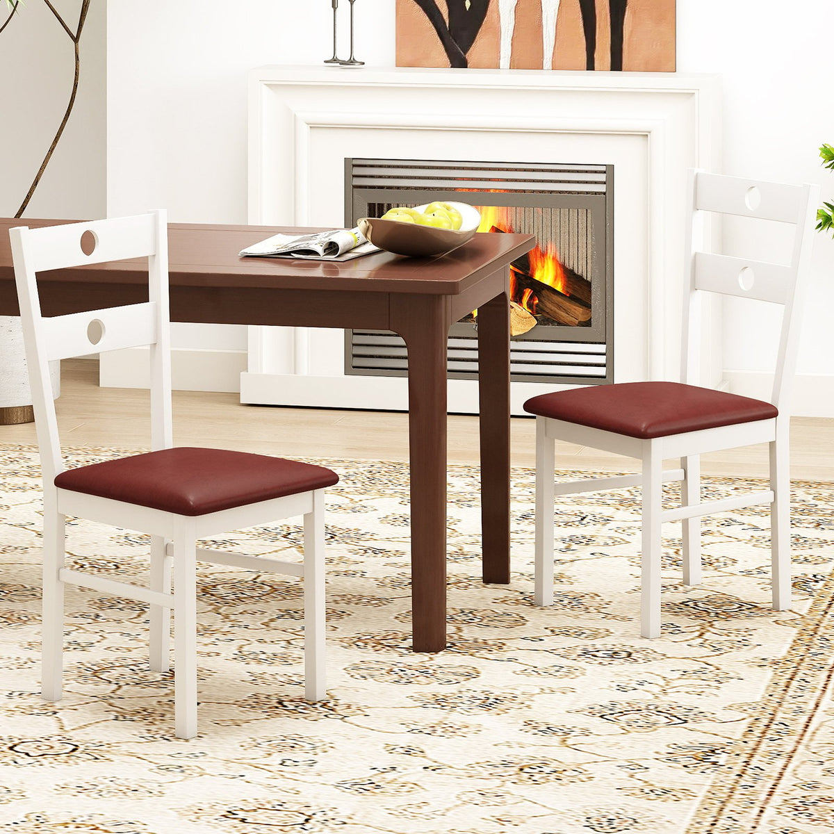 Wooden Dining Chairs Set of 4 Armless Kitchen Chairs with Hollowed Backrest-White view 2