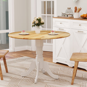 Wooden Dining Table with Round Tabletop and Curved Trestle Legs-Natural & White view 3