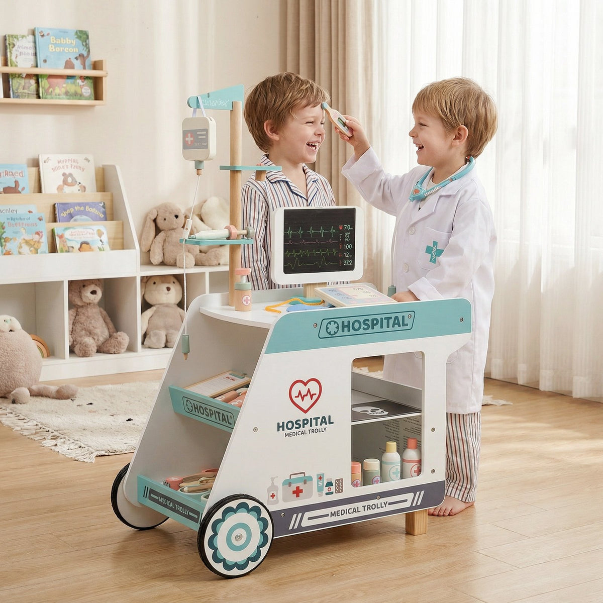 Wooden Doctor Playset for Kids Pretend Play Doctor Kit with Cart Gift for Toddlers Boys Girls Aged 3+-Green view 2