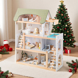 Wooden Dollhouse Kids DIY Pretend Playhouse with 33 PCS Furniture Accessories-Green view 3