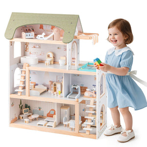 Wooden Dollhouse Kids DIY Pretend Playhouse with 33 PCS Furniture Accessories-Green view 4