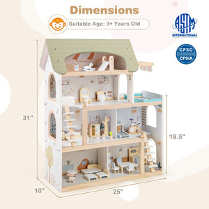 Wooden Dollhouse Kids DIY Pretend Playhouse with 33 PCS Furniture Accessories-Green view 5