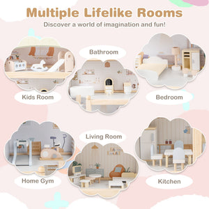 Wooden Dollhouse Kids DIY Pretend Playhouse with 33 PCS Furniture Accessories-Green view 7