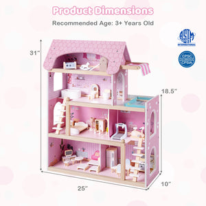 Wooden Dollhouse Kids DIY Pretend Playhouse with 33 PCS Furniture Accessories-Pink view 5