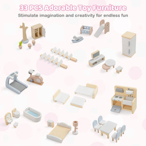Wooden Dollhouse Kids DIY Pretend Playhouse with 33 PCS Furniture Accessories-Pink view 8