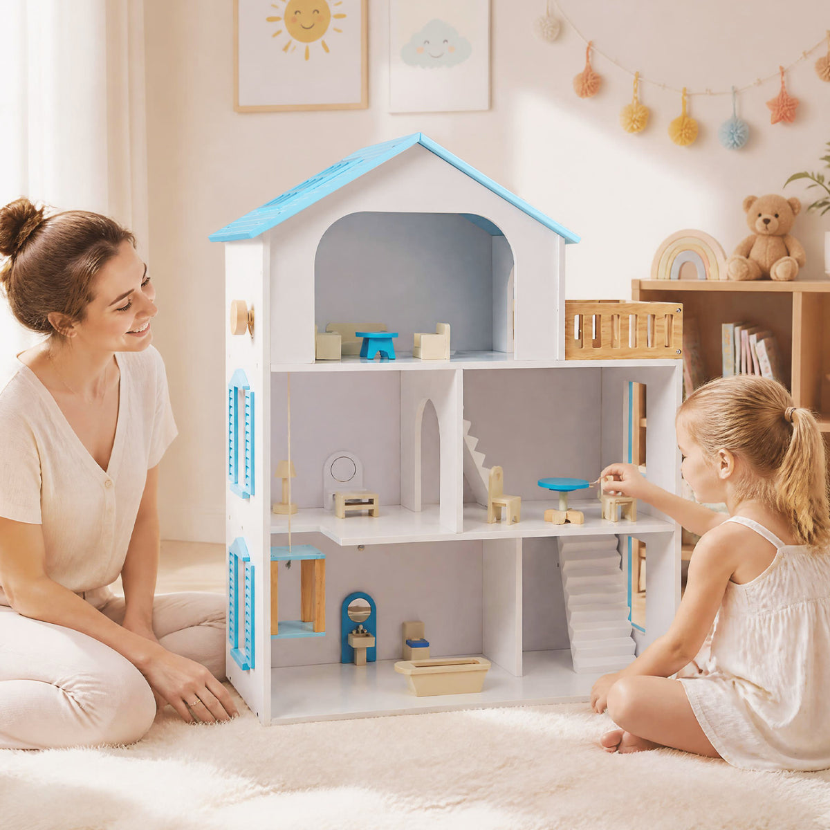 Wooden Dollhouse with 5 Rooms and Furniture Accessories for Kids-Blue view 2