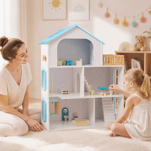 Wooden Dollhouse with 5 Rooms and Furniture Accessories for Kids-Blue view 2