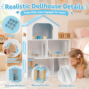 Wooden Dollhouse with 5 Rooms and Furniture Accessories for Kids-Blue view 7