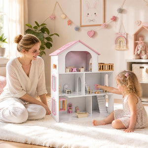 Wooden Dollhouse with 5 Rooms and Furniture Accessories for Kids-Pink view 2