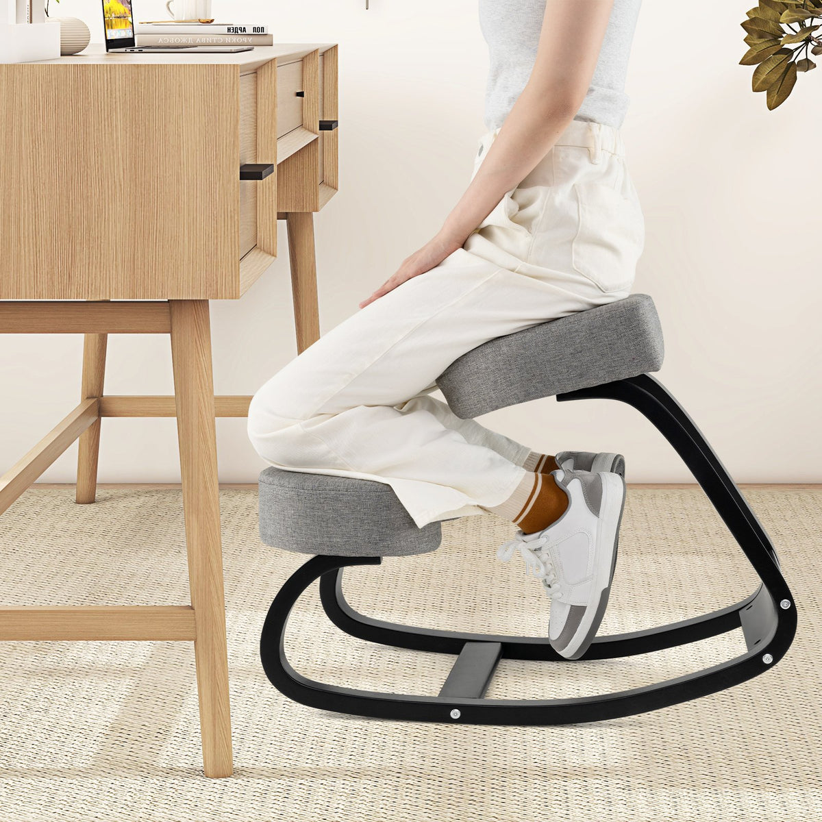 Wooden Ergonomic Rocking Kneeling Backless Chair with Padded Cushion-Grey view 2