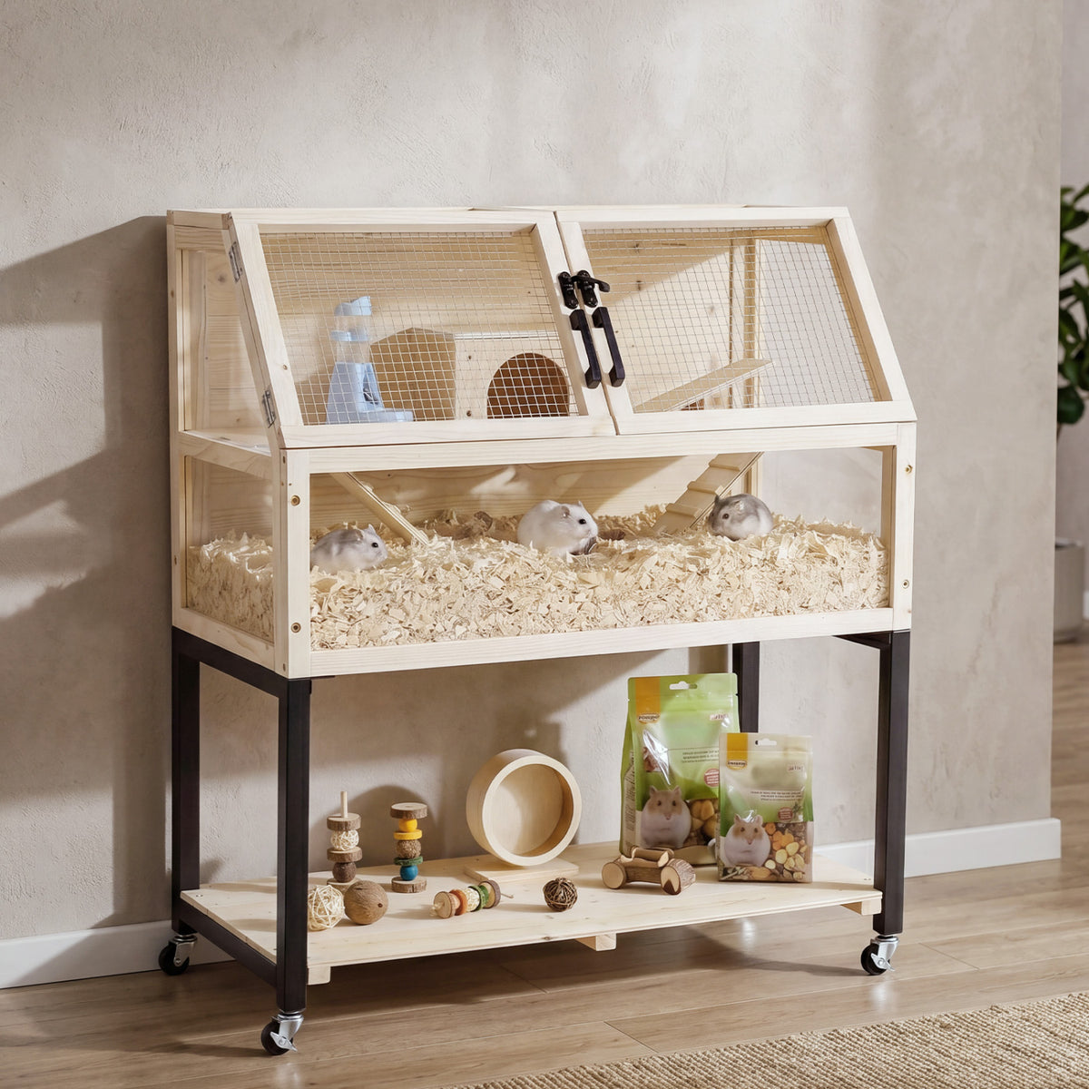 Wooden Hamster Cage 2-Tier Small Animal Habitat with Casters-Natural view 2