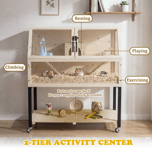 Wooden Hamster Cage 2-Tier Small Animal Habitat with Casters-Natural view 6