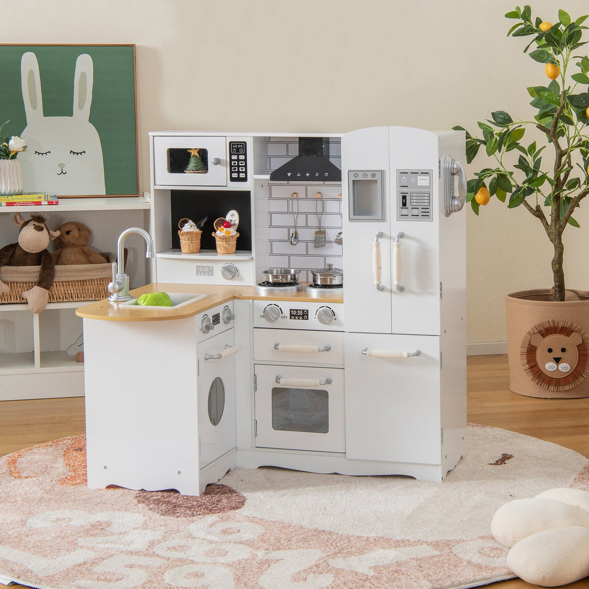 Wooden Kid's Corner Kitchen Playset with Stove for Toddlers-Natural & White view 2