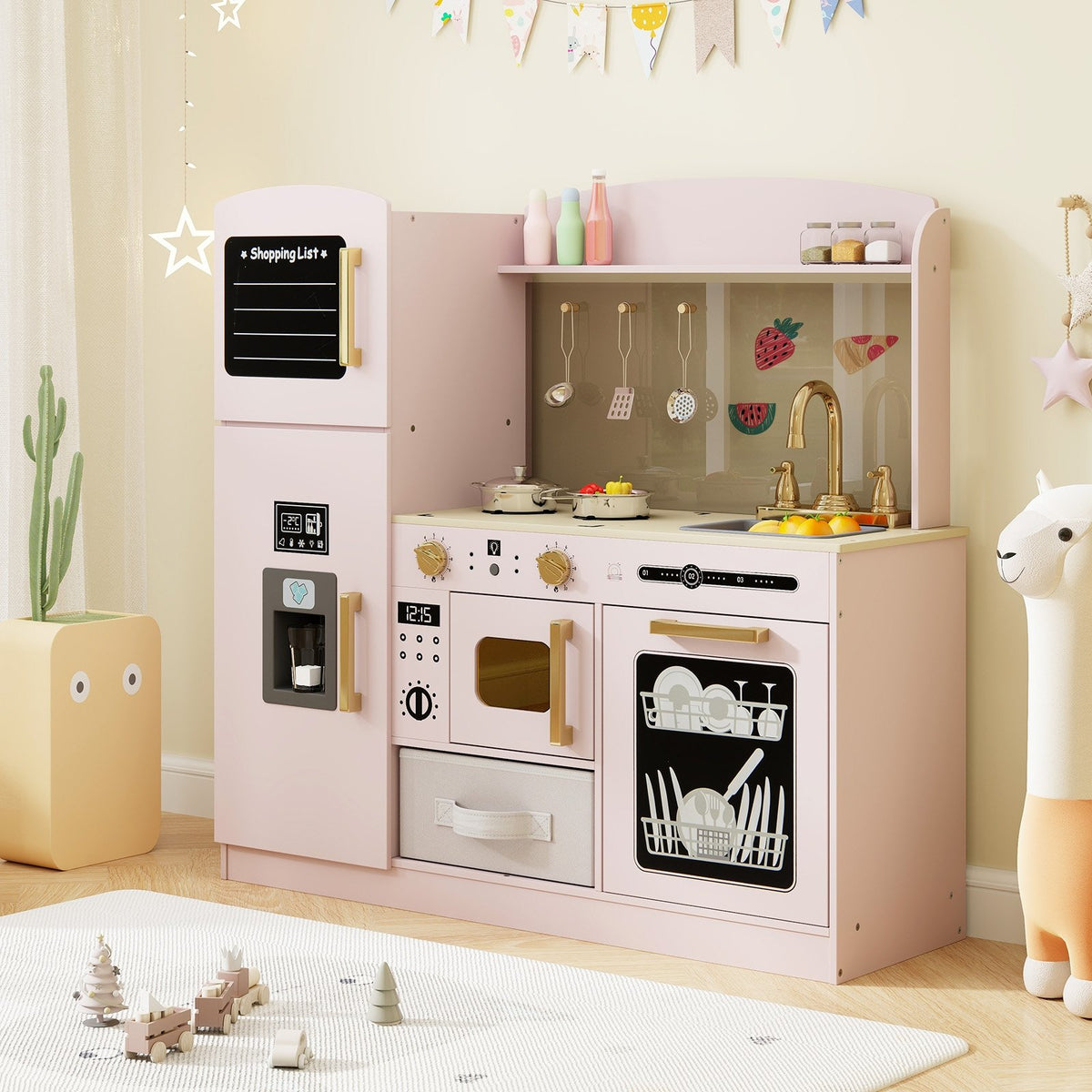Wooden Kids Kitchen Playset with Chalkboard Ice Maker Sink Lighted Microwave-Pink view 2