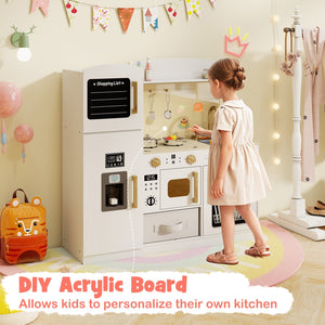 Wooden Kids Kitchen Playset with Chalkboard Ice Maker Sink Lighted Microwave-Pink view 4