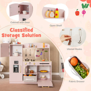 Wooden Kids Kitchen Playset with Chalkboard Ice Maker Sink Lighted Microwave-Pink view 6