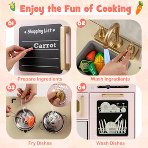 Wooden Kids Kitchen Playset with Chalkboard Ice Maker Sink Lighted Microwave-Pink view 7