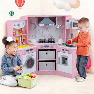 Wooden Kids Play Kitchen Playset with Realistic Lights and Sounds-Pink view 2