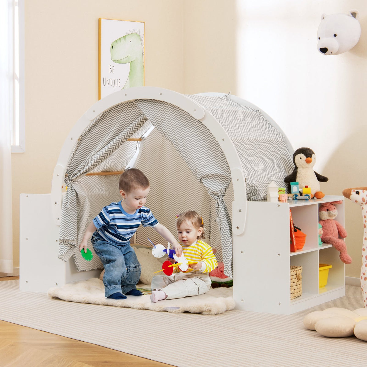 Wooden Kids Play Tent with Curtain Shades and 8 Cubbies-White view 2