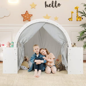 Wooden Kids Play Tent with Curtain Shades and 8 Cubbies-White view 3