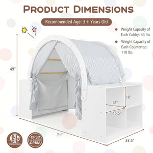 Wooden Kids Play Tent with Curtain Shades and 8 Cubbies-White view 5