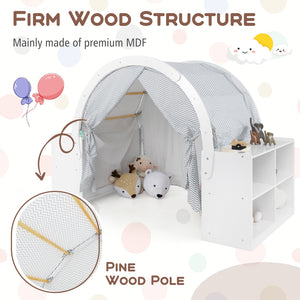 Wooden Kids Play Tent with Curtain Shades and 8 Cubbies-White view 6
