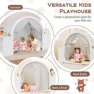 Wooden Kids Play Tent with Curtain Shades and 8 Cubbies-White view 7