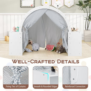 Wooden Kids Play Tent with Curtain Shades and 8 Cubbies-White view 8