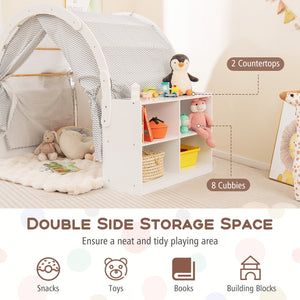 Wooden Kids Play Tent with Curtain Shades and 8 Cubbies-White view 9