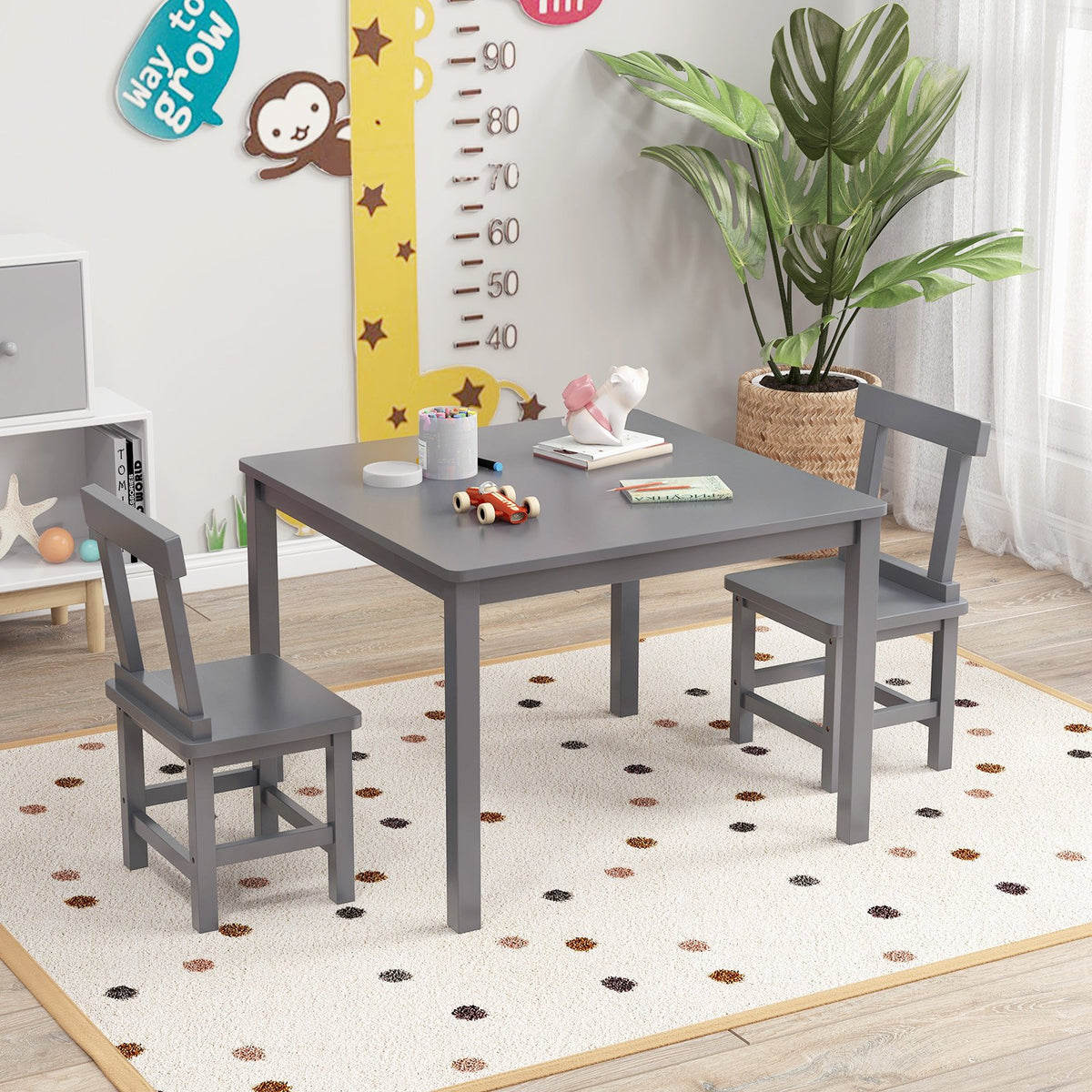 Wooden Kids Table and 2 Chairs Set with Anti-slip Foot Pads-Gray view 2